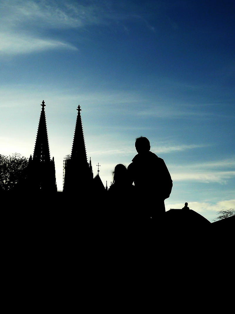 silhouette, 1080P, landmark, nature, cloud - sky, place of worship, black, outdoors, spire, child, built structure, sky blue, church, men, cathedral spiers