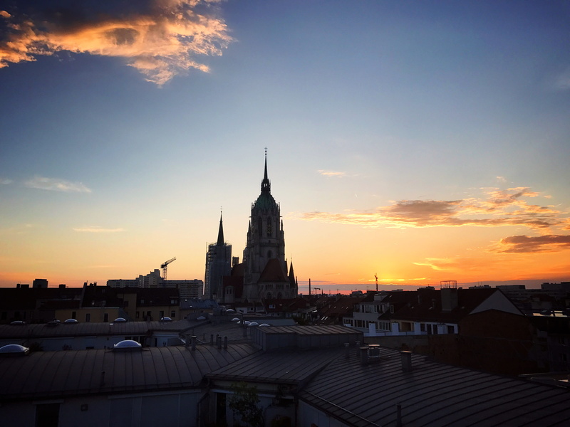 orange color, church, travel destinations, sun, skyline, 4K, place of worship, skyscraper, sky, outdoors, sunset, nature, germany, religion, construction