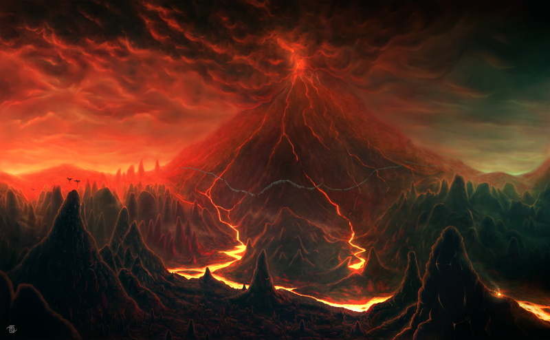 volcanic crater, rpg, sign, glowing, volcano, outdoors, power in nature, Scrolls, non-urban scene, erupting, mountain, flowing, land, mountain peak, beauty in nature
