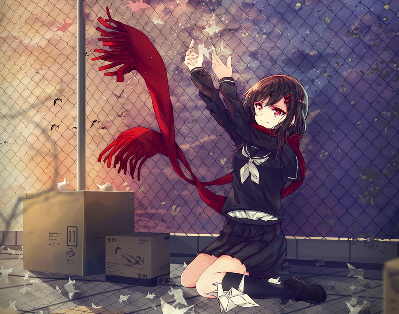 daikazoku63, art, sunset, origami, 1080P, girl, Mekakucity Actors, anime, scarf, kagerou project, ayano tateyama