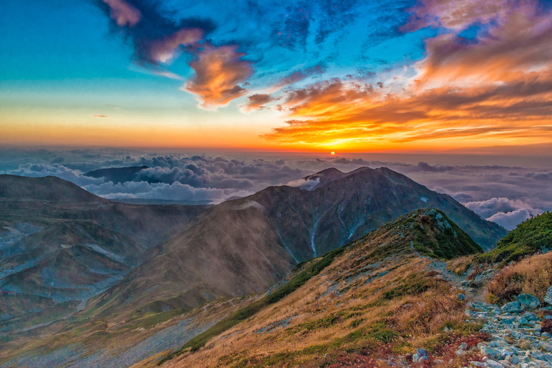 mountain, dramatic sky, scenics, mountain range, sunset, japan, travel, no people, sky, september, outdoors, travel destinations, land, aerial, landscape
