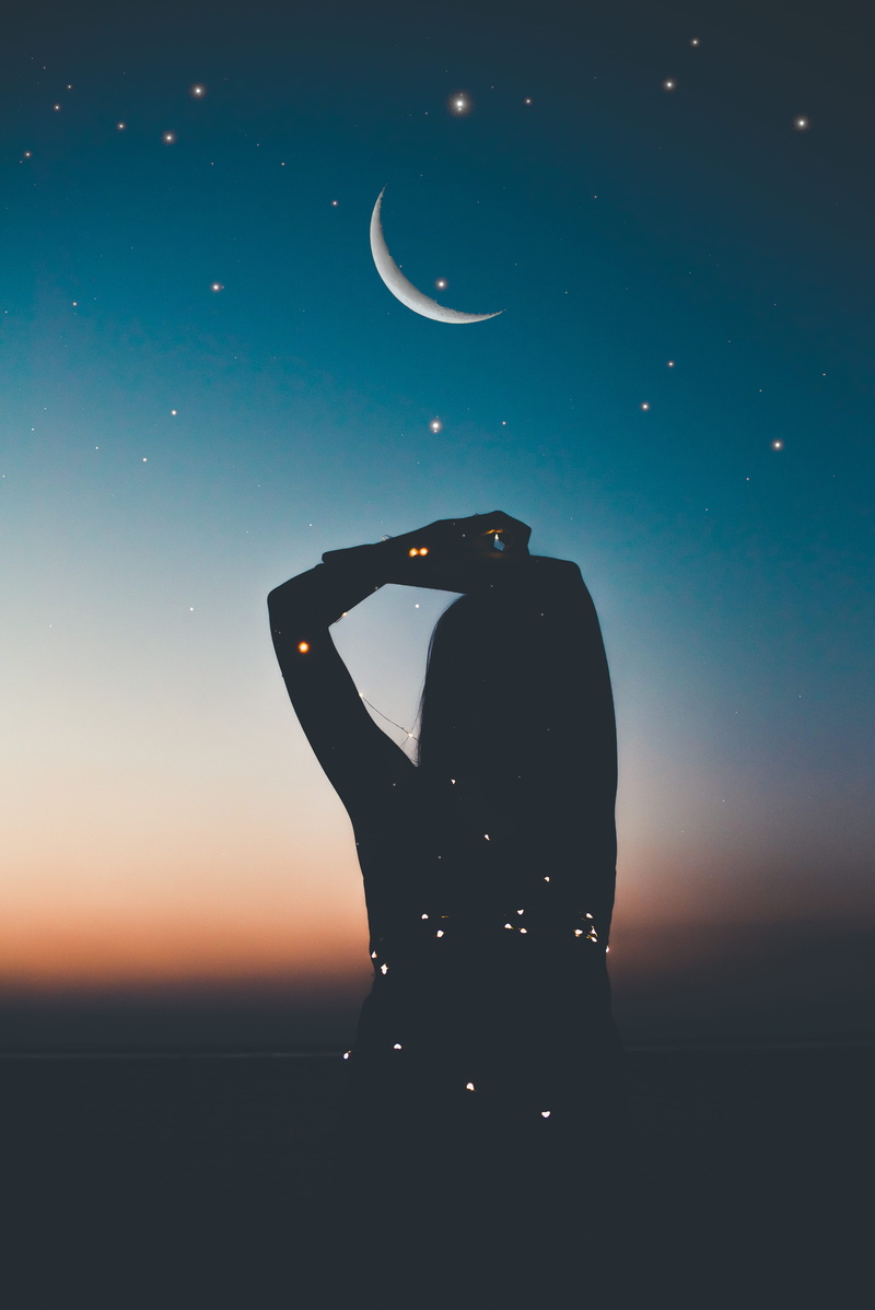 art, one person, night, 5K, stars, photographing, moon, starry night, person, outdoors, astronomy, lifestyles, illustration, dawn, space, lady, beauty in nature
