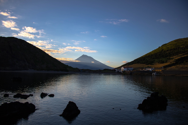 silhouette, porto pim, water, horta, bay, cloud - sky, beach, waterfront, mountain, ocean, rock - object, reflection, rocks, no people, beauty in nature