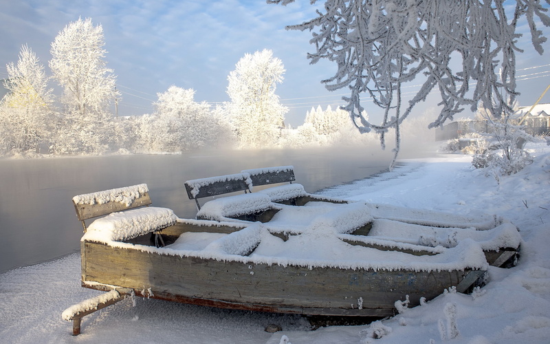 scenics, brown, cold temperature, tranquility, sky, plant, boats, covering, white, scenics - nature, land, river, tranquil Scene, forest, landscape, wooden