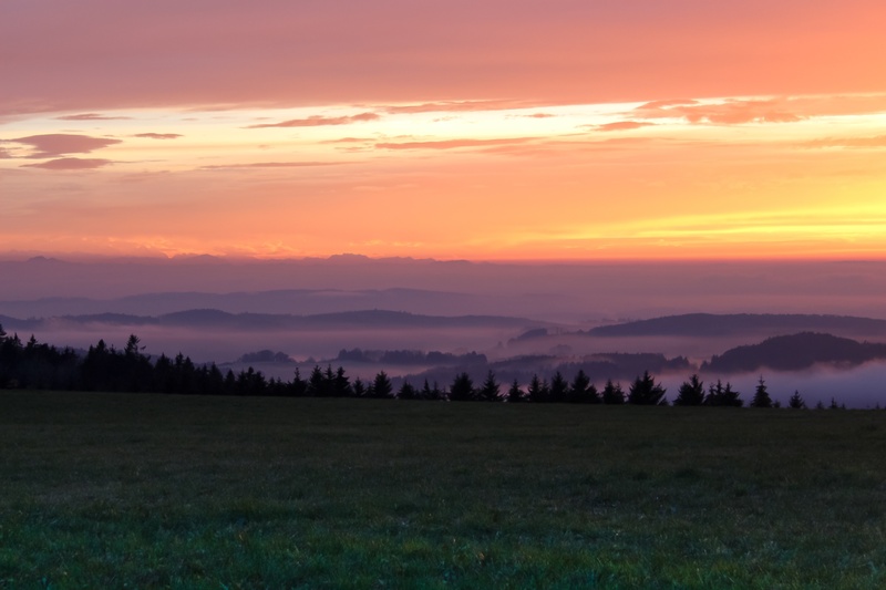 orange color, nature, field, fog, landscape, mountains, mood, sky, beauty in nature, non-urban scene, sunny, sunset, alpine, tranquility, land, tranquil scene