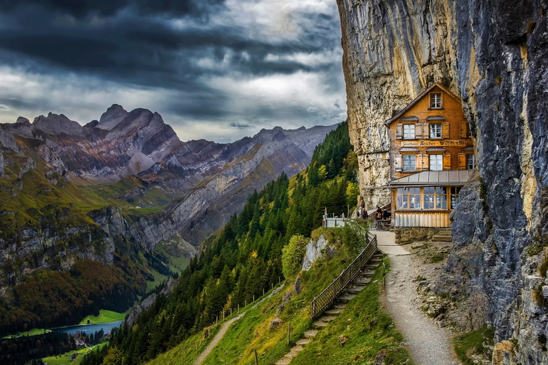 beauty in nature, Mountain, scenics - nature, environment, landscape, no people, Building, cloud - sky, plant, tranquil scene, Berggasthaus Aescher-Wildkirchli