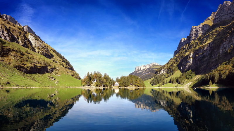 alpstein range, europe, house, seealpsee, switzerland, blue sky, 4K, mountain lake, alpine lake, seealpsee lake, reflection, wasserauen, schwende, mountain