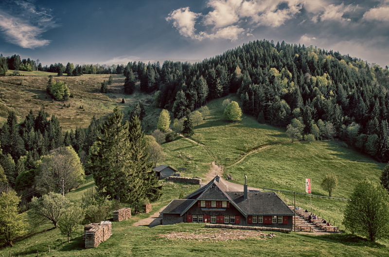 rural scene, sky, no people, cottage, trees, baden württemberg, plant, building, landscape, hut, built structure, black forest, clouds, nature, surrounded