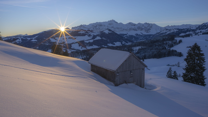countryside, landscape, shelter, sky, outdoors, nature, tranquility, cabin, tree, tranquil scene, mountain range, barn, sun, cottage, sunrise, snowcapped mountain