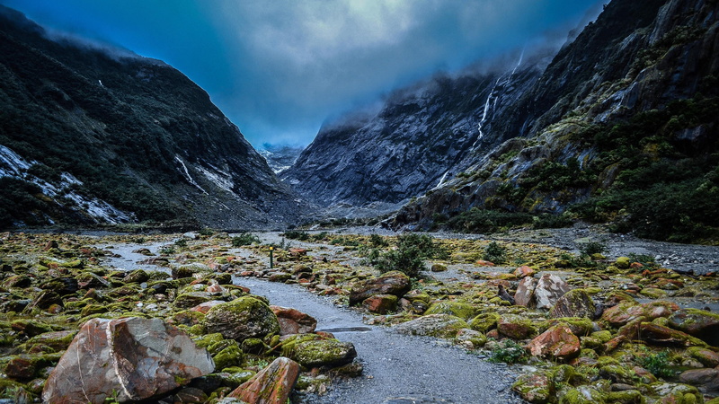 mount scenery, scenics - nature, no people, landscape, travel, new zealand, fjord, flowing water, cloud, valley, water, mountain, glacier, stones, stream - flowing water