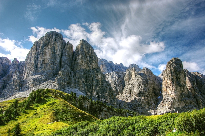 formations, val gardena, nature, high mountains, pine tree, mountain pass, dolomites, cloud - sky, panorama, sky, summer, mountains, alpine, plant, karg