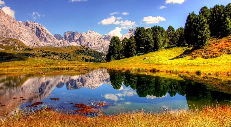 sky, cloud - sky, grass, travel destinations, snowcapped mountain, land, reflection, alpine panorama, blue, no people, italy, 2K, mountain peak, summer