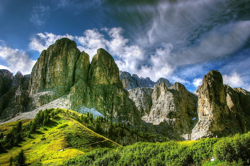 non-urban scene, panoramic, mountain peak, travel destinations, outdoors, south tyrol, scenics, bergtour, pine tree, unesco world heritage, val gardena yoke