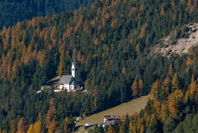 growth, change, building, building exterior, autumn, beauty in nature, st jacob, coniferous tree, 2K, tree, church, fall color, nature, tranquility, val gardena