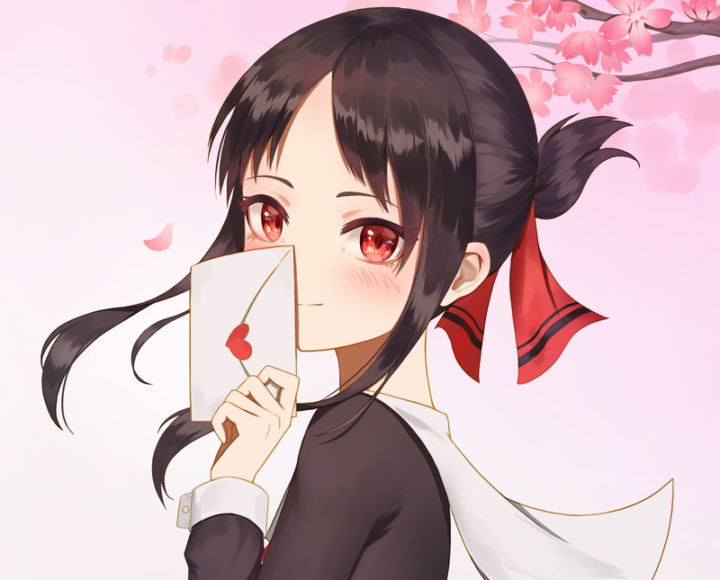 women, 1080P, heart, anime, artwork, letter, red eyes, pink background, pink, Kaguya-Sama: Love is War, anime girls, Kaguya Shinomiya, fantasy girl