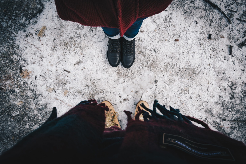 winter, sandal, shoe, snow, unrecognizable person, clothing, footwear, high angle view, united states, real people, two, body part, wearing, day, warm clothing