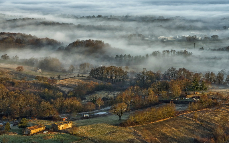 sunrise, trees, mist, fall, landscape, morning, 1080P, nature, villages