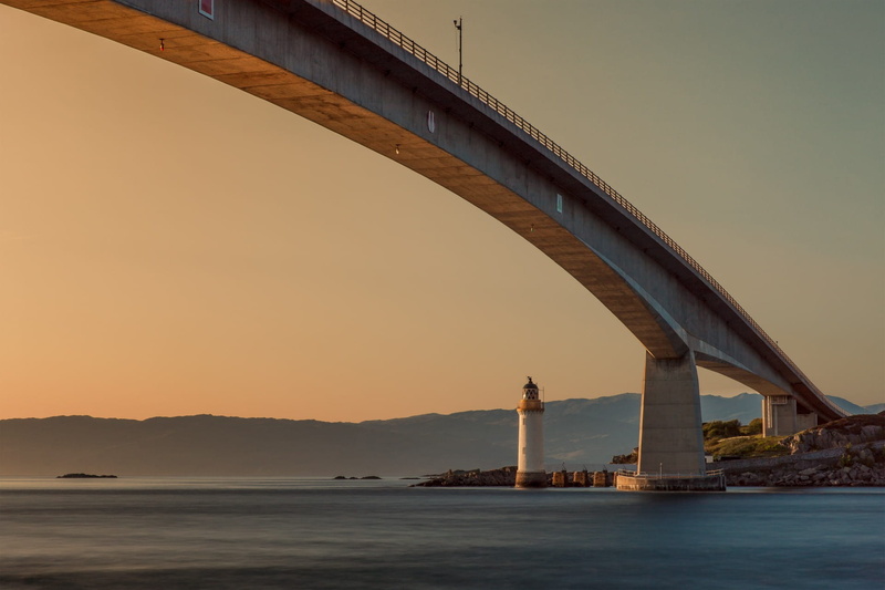 built structure, water, twilight, lighthouse, travel destinations, scotland, red, gray, building exterior, sun, setting sun, connection, bridge - man made structure