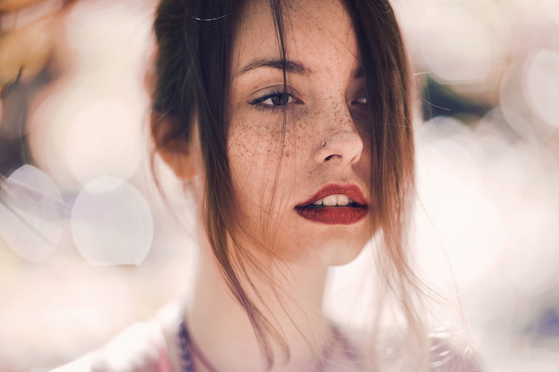 women, hair in face, 1080P, pierced nose, freckles, red lipstick, looking away, Ruby James, Skye Thompson