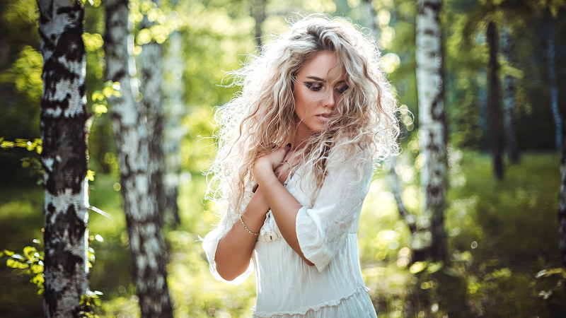 curls, Lera Polovynchyk, 1080P, bokeh, mood, birch, model, trees, blonde, grove, pose, Anton Kharisov