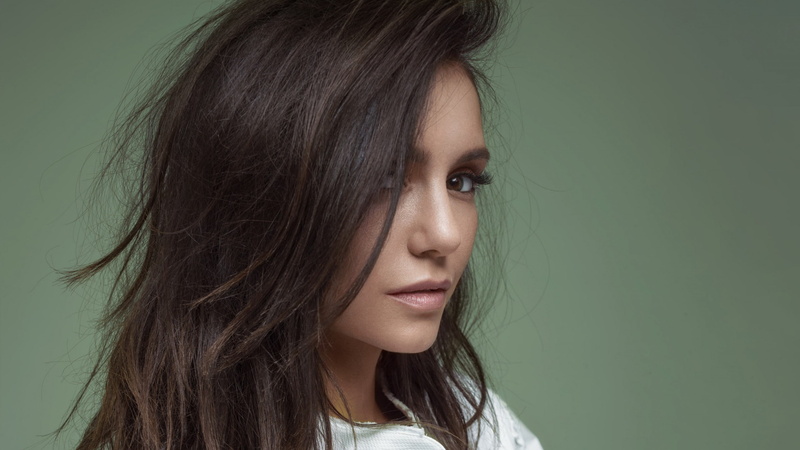 long, Nina Dobrev, woman, model, 2K, television star, Actress, black, wearing, black jacket, gymnast, sleeved, dress, sofa, white dress, brunette, blue