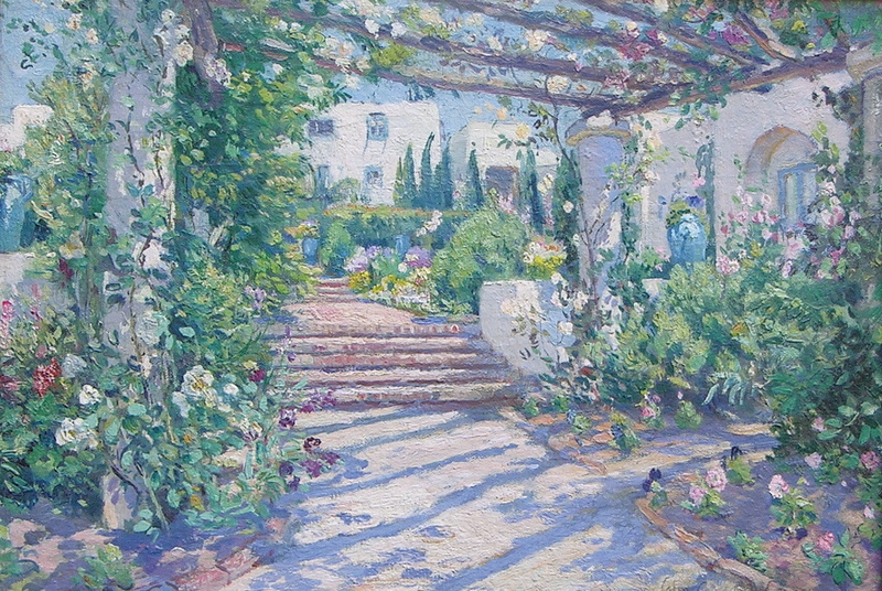 sunlight, the way forward, plant, outdoors, classic art, day, Colin Campbell Cooper, nature, architecture, 720P, shadow, architectural column, growth