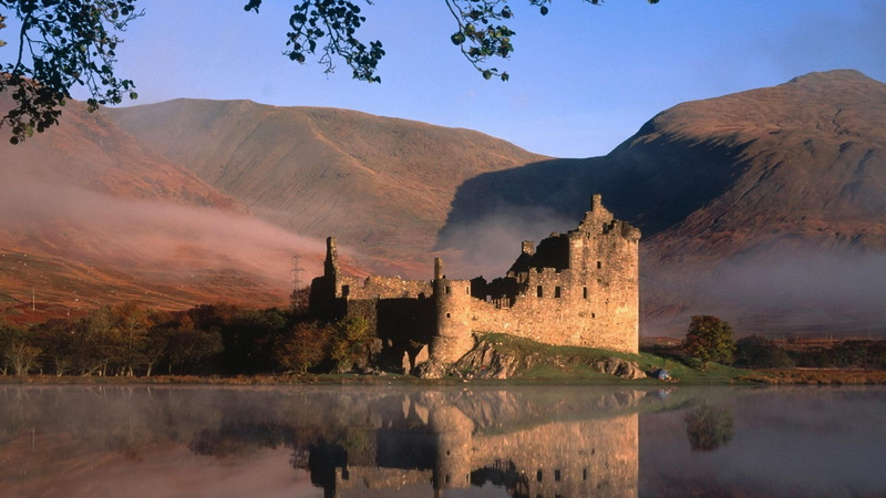 europe, mountain, the past, 4K, scotland, nature, architecture, building exterior, reflection lake, history, water, reflection, building, castle, lake
