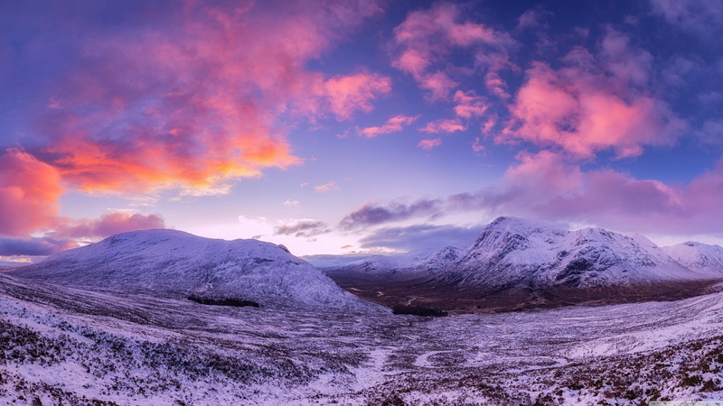 mountain, scenics - nature, non-urban scene, snowcapped mountain, highlands, sunrise, mountain range, scotland, idyllic, no people, purple, tranquility