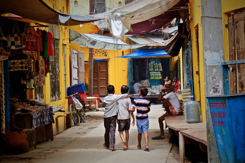 market, human, back, leisure activity, street market, for sale, lifestyles, buildings, women, alley, full length, yellow, person, road, retail, boy, mathura