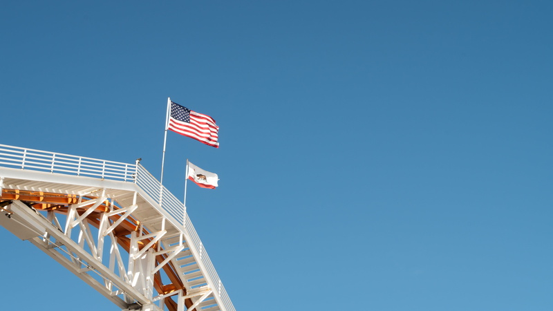 metal, space, camera, outdoors, american, 4K, mounted, low angle view, clear sky, sunny, usa, excitement, cctv, steel, flag, copy space, safety, day, no people
