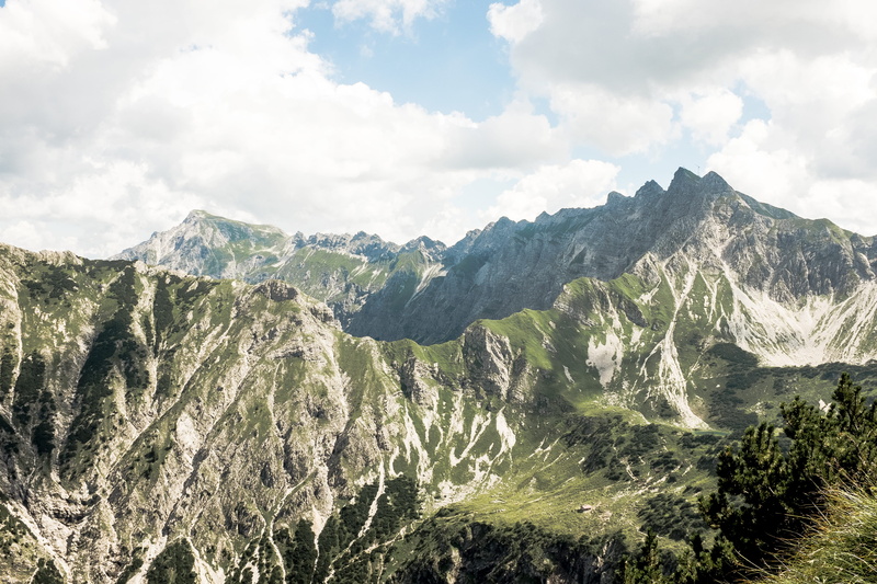 tranquility, no People, clouds, tranquil scene, grass, formation, coniferous tree, ranges, outdoors, green, mountain, covered, valley, skies, 4K, summer