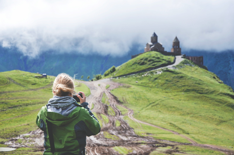 looking at view, dslr camera, activity, outdoors, clouds, scenics - nature, landscape, daytime, nature, hill, green, taking, hooded, green Color, people