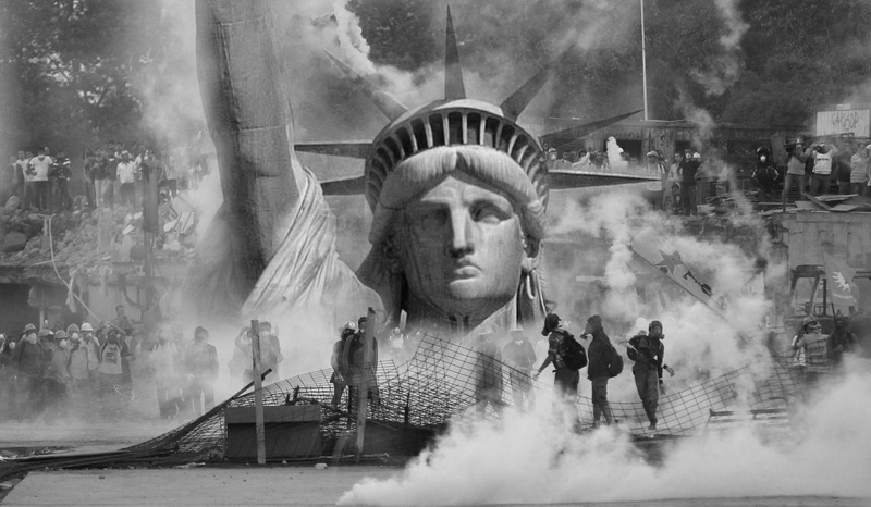 violence, grayscale, creativity, liberty, america, digital composite, fight, concepts, day, people, anarchy, the statue of liberty, reflection, built structure