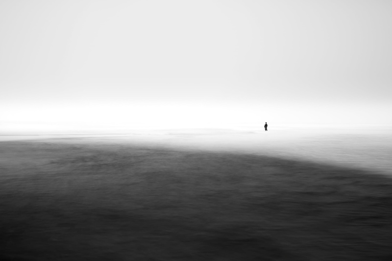 waterfront, day, fog, scenics - nature, tranquility, horizon, beach, 2K, one person, nature, sea, horizon over water, outdoors, land, beauty in nature