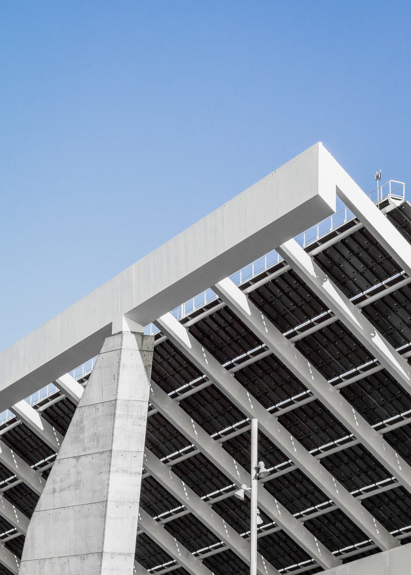 clear sky, built structure, pattern, parc del fòrum, copy space, modern, nature, sunlight, skyscraper, city, office, sky, window, outdoors, 2K, bcn, day