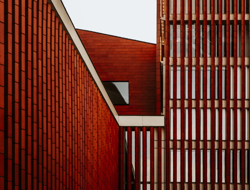 perspective, wall - building feature, no people, detail, handrail, architecture, brick wall, pattern, day, banister, railing, triangle, orange, brick, industrial