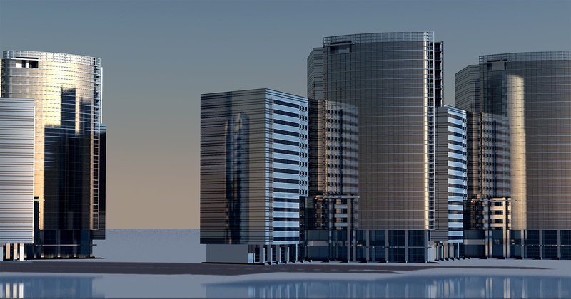 rendering, no people, 3d visualization, sky, modern, built structure, apartment, glass, towers, silhouette, building, tall - high, office, corporate business