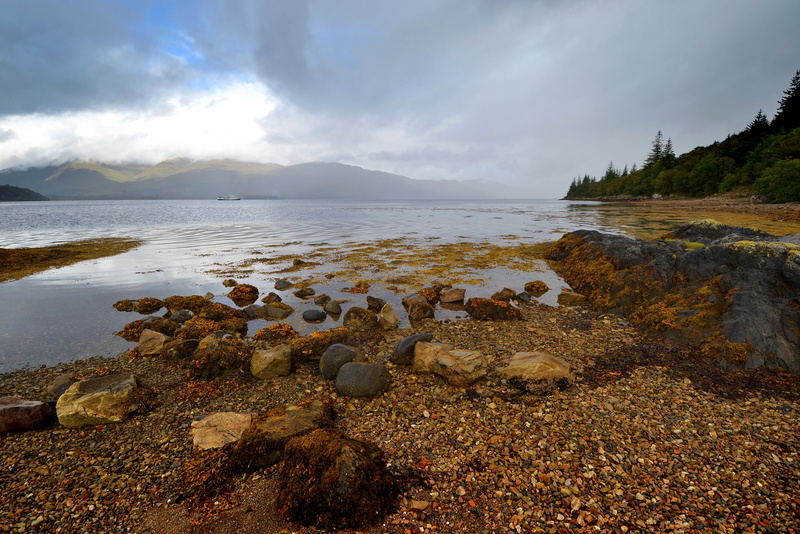clouds, Loch Linnhe, trees, mountains, 1080P, Scotland, forest, lake, stones, ship, the sky