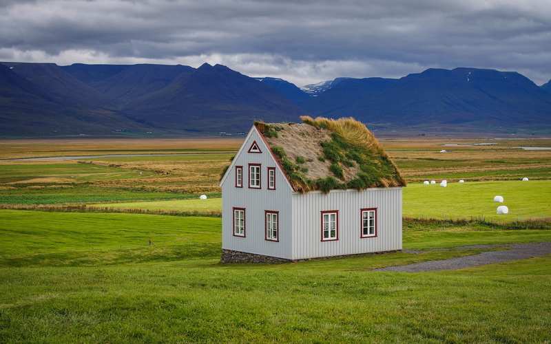 building exterior, building, plant, scenics - nature, architecture, icelandic, tranquil scene, land, cloud - sky, field, fields, mountains, nature, green