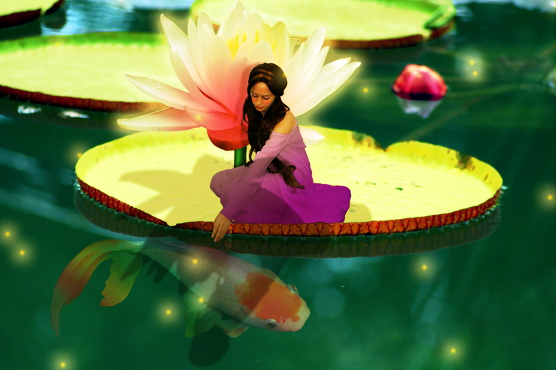 sweet, girl, photoshop, thumbellina, beautiful, nature, nice, 1080P, lotus, fairy, woman, water, green