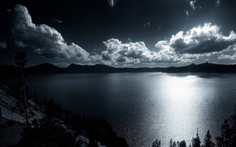 nature, mountain, tree, idyllic, monochrome, silhouette, outdoors, hills, tranquil scene, sky, beauty in nature, scenics - nature, lake, no people, water