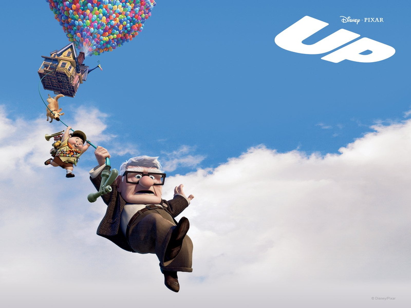 mid-air, adult, emotion, jumping, Movie, arms raised, communication, blue, Russell (Up), males, motion, outdoors, men, digital composite, day