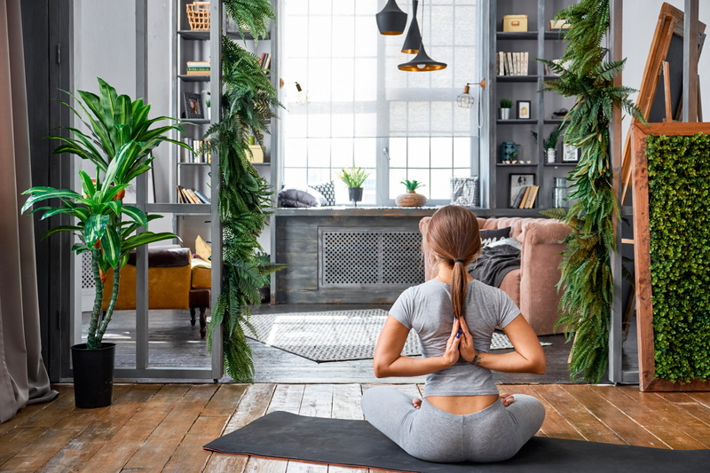 yoga, figure, girl, room, Mat, brown hair, sitting, hairstyle, pose, on the floor, interior, 2K, plants, the Lotus position
