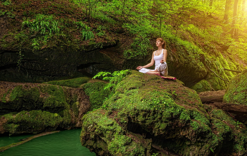stones, Mike, forest, pose, 5K, meditation, girl, the bushes, trees, in white, hairstyle, nature, greens, the Lotus position, water, sitting, he closed his eyes