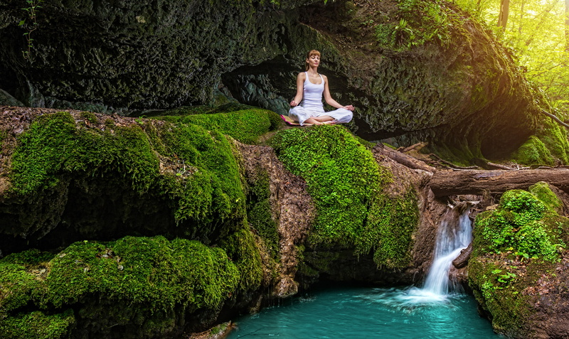 meditation, waterfall, stream, stones, yoga, moss, girl, in white, the Lotus position, 5K, forest, summer, nature