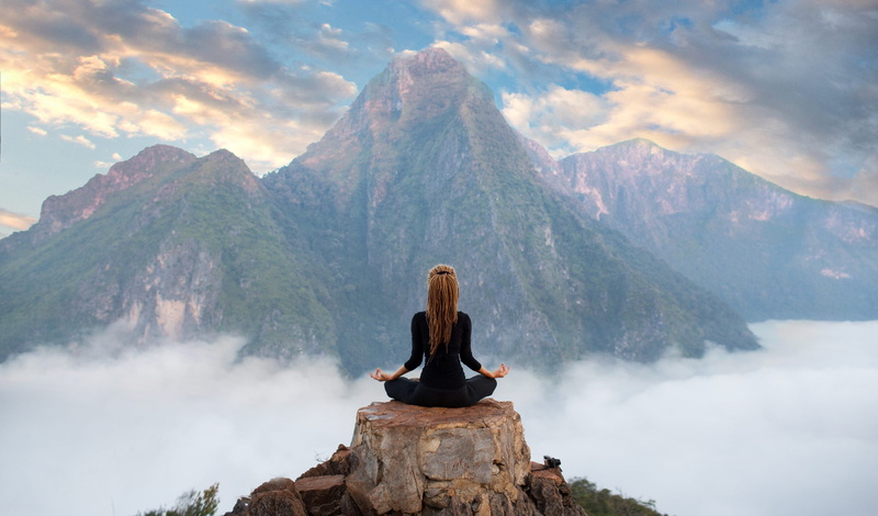 lotus pose, mountains, clouds, peak, girl, meditation, lonely figure, relax, a solitary figure, top, the Lotus position, relaxation, yoga, 2K