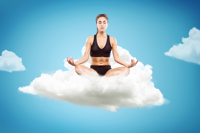 closed eyes, makeup, the Lotus position, meditation, sitting, pose, in black, shorts, yoga, hairstyle, 4K, cloud, the sky, girl, Mike
