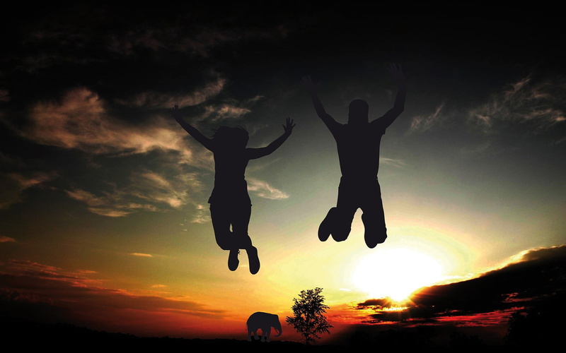 woman, real people, silhouette, man, outdoors, emotion, arms raised, cloud - sky, mid-air, full length, nature, elephant, leisure activity, sky, people