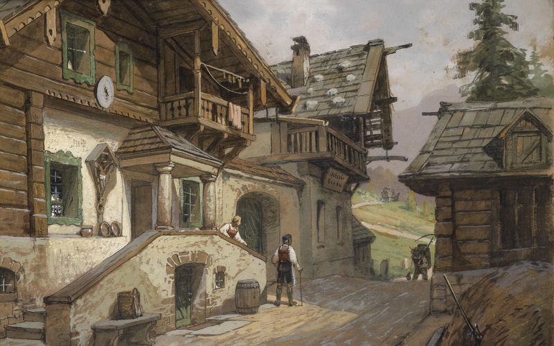 George Gianni, Georg Janny, Austrian landscape painter, Village road in the Alps, 1935, Austrian painter, 2K, Village street in the Alps