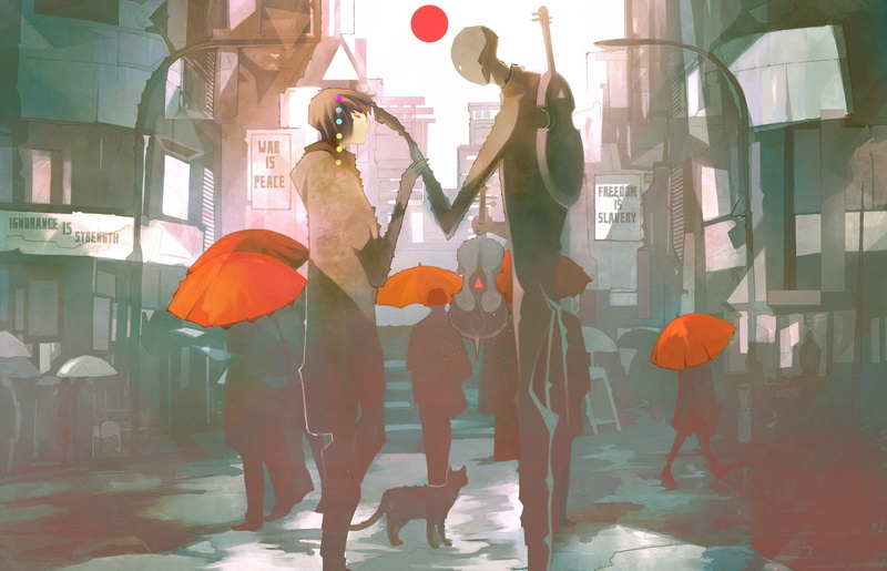 medium group of people, architecture, city, George Orwell, outdoors, umbrella, plastic, sunlight, women, security, red, 720P, two, men, built structure